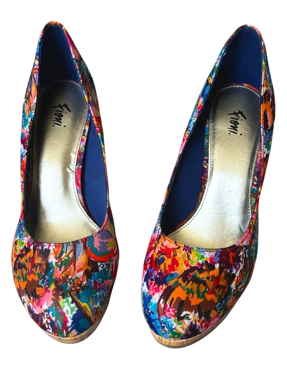 FIONI Multicolor Floral Print Fabric Women's Pumps Almond Heels 4 inches 7 1/2 W - Picture 1 of 6